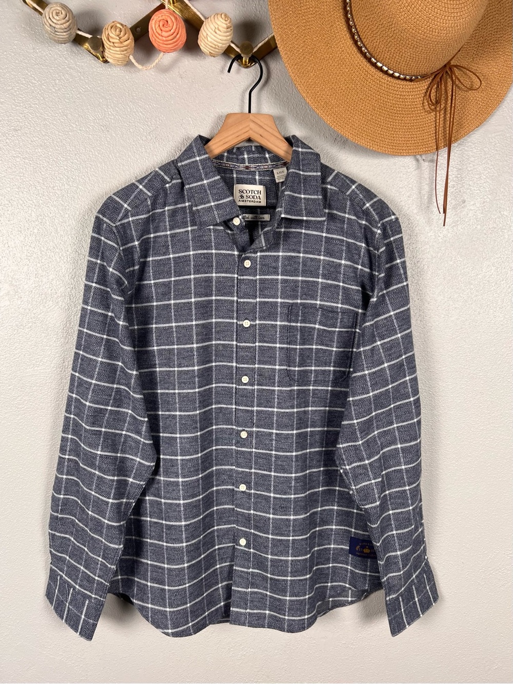 NWT Scotch & Soda Heather Check Cotton Button Down Shirt in Asphalt Size Large